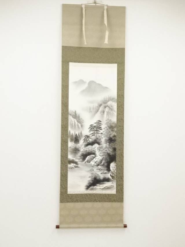 見事‼︎ 平野 翠雪 筆 彩色山水 掛け軸 掛軸 肉筆 共箱 タトウ箱 尺八立