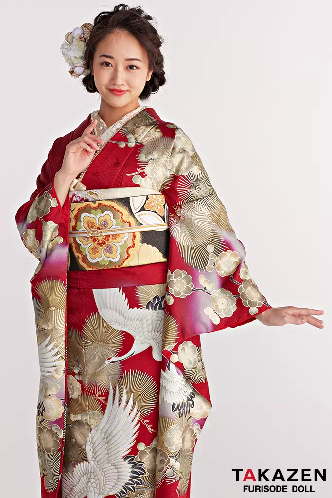 正統派古典 赤/金 鶴柄/針松柄 豪華 華やか 綺麗 クラシカル 金彩京