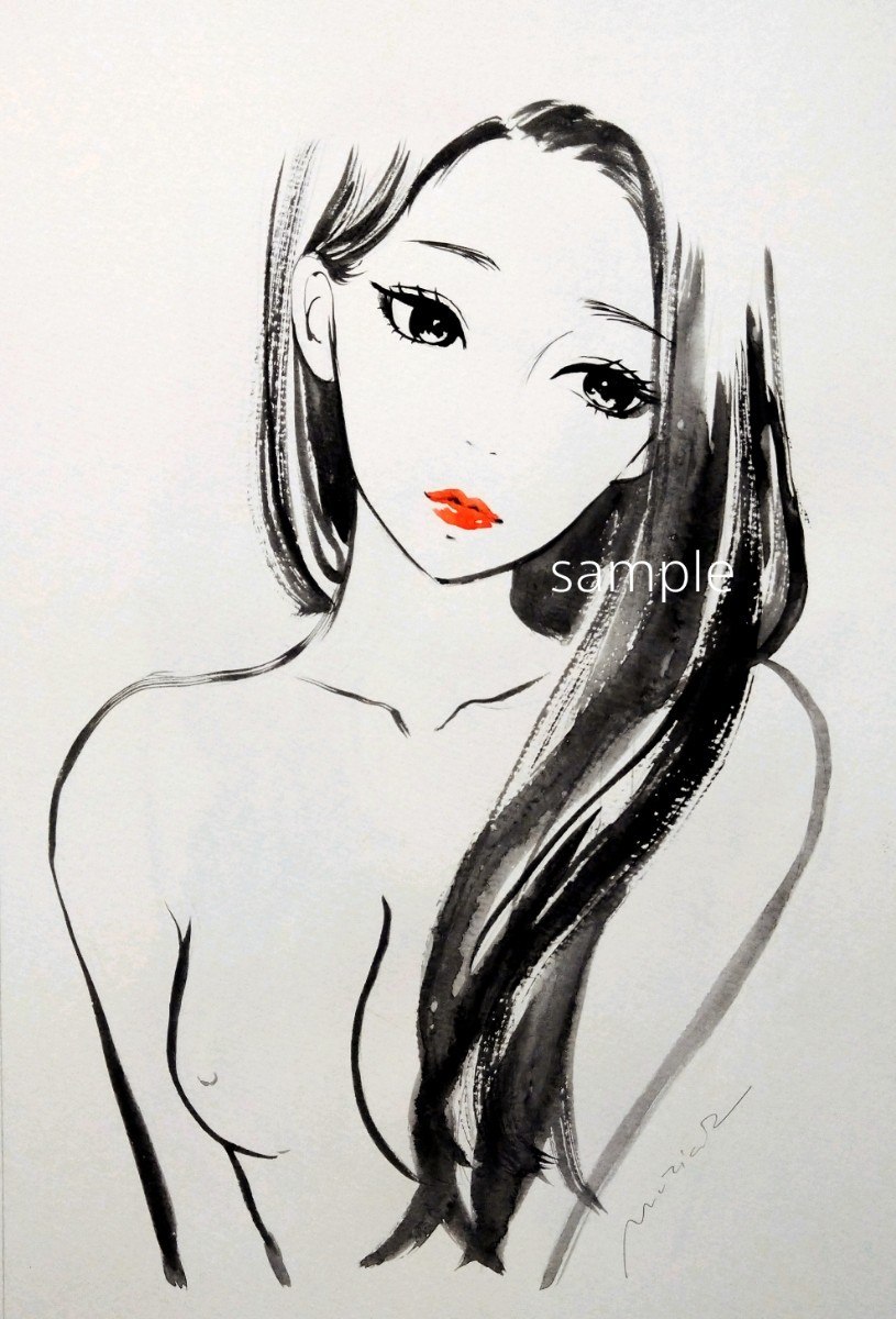 25824E 肉筆原画 手描きイラスト 絵画 アナログ 水彩画 美人画 25824E