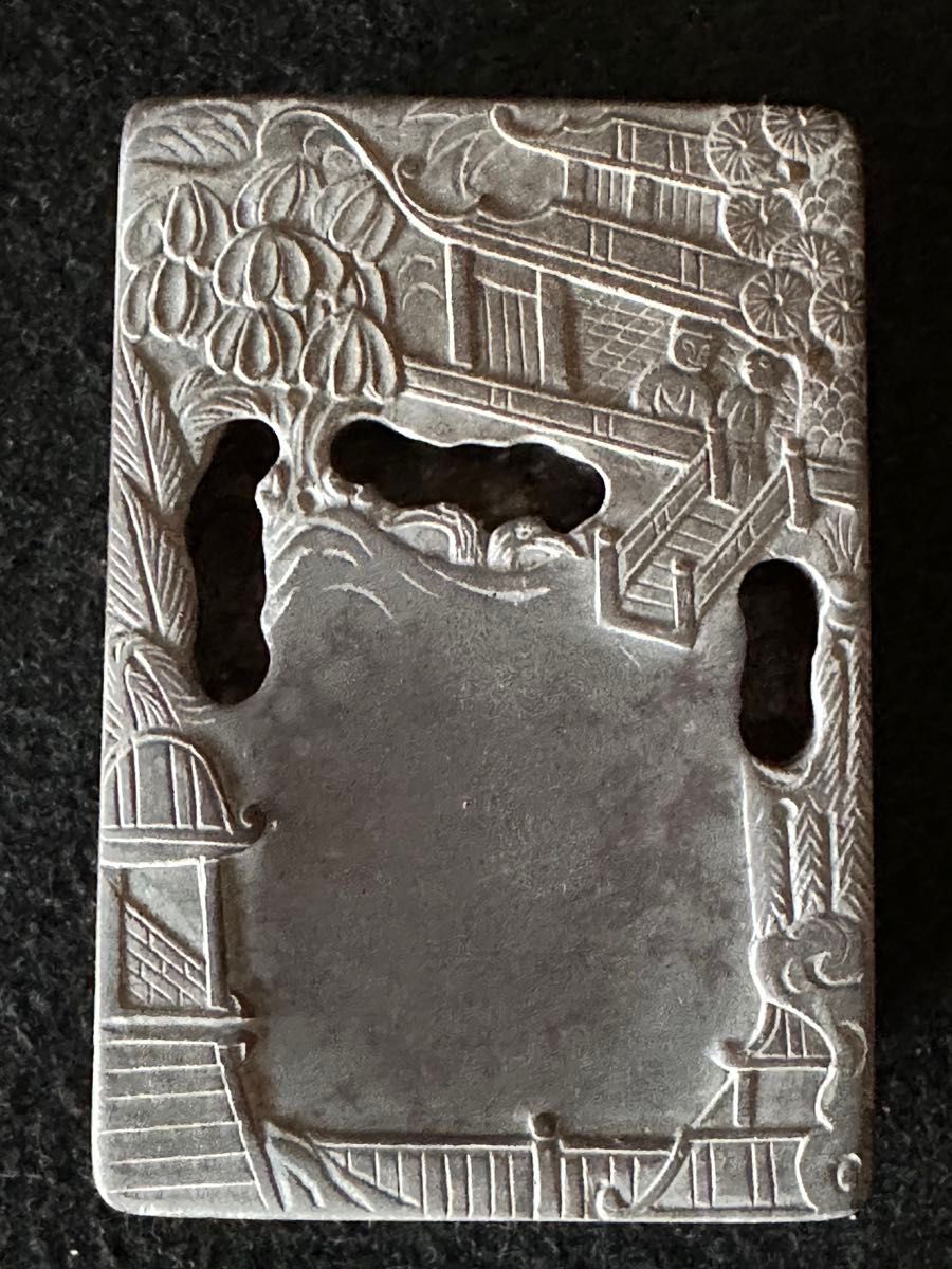 端渓蘭亭硯 細密彫刻 唐木箱付 書道具 7 5x 5x 3cm 未使用 B 唐物