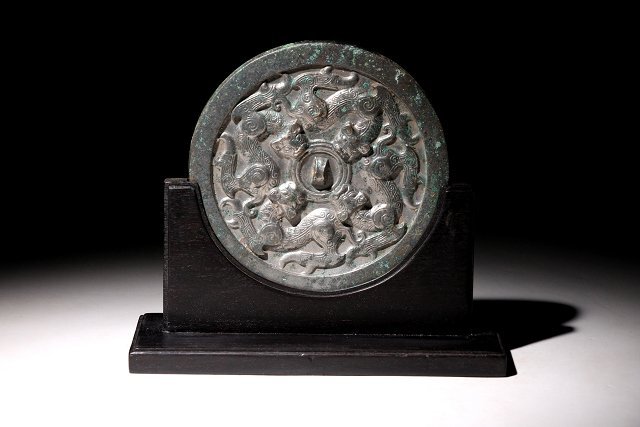 純銅鏡 青銅鏡 ブロンズ 雁南飛銅鏡 ミラー 神獣 銅器 青銅彫 銅製