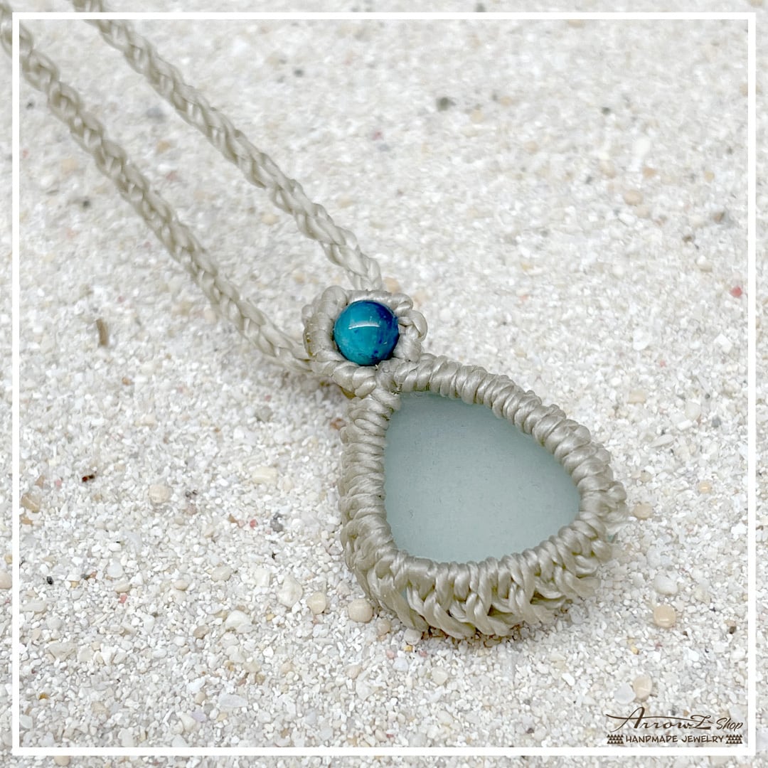 mn-03】マクラメ（ネックレス）シーグラス/天然石/アジャスター付き