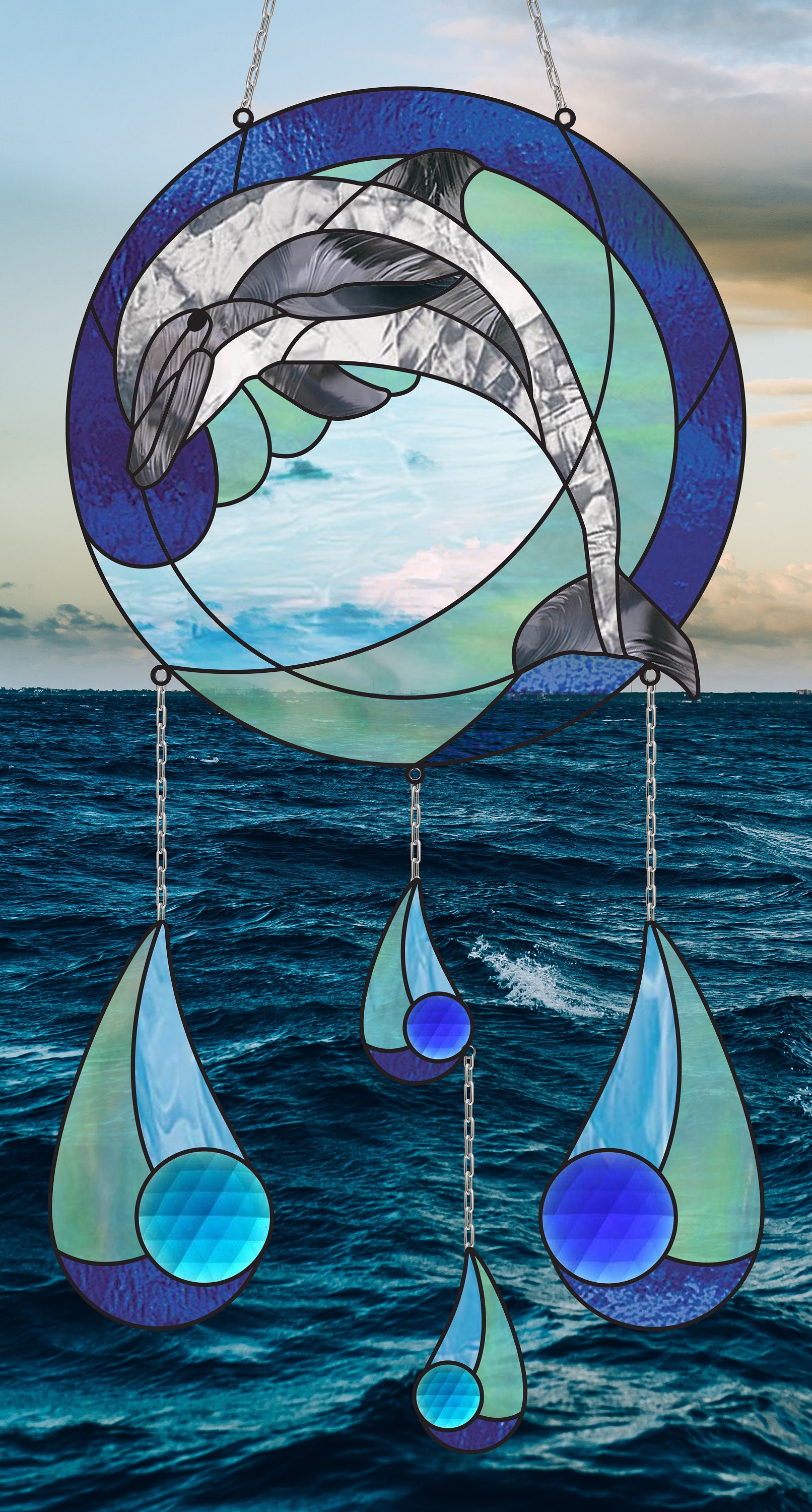 イルカのサンキャッチャーのパネル」ステンドグラス ステンドグラス製