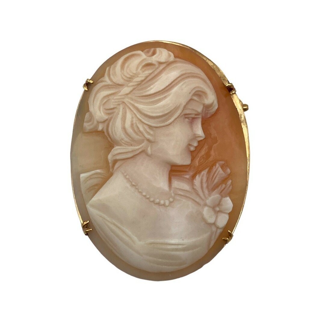 カメオシェル女性と小鳥ペンダントトップ&ブローチ2way K18枠