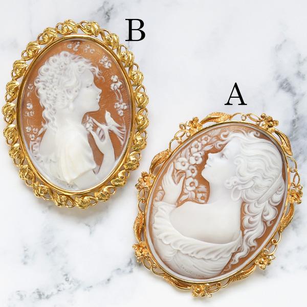 シェル カメオ ブローチペンダント K18YG 緻密な彫刻が美しい