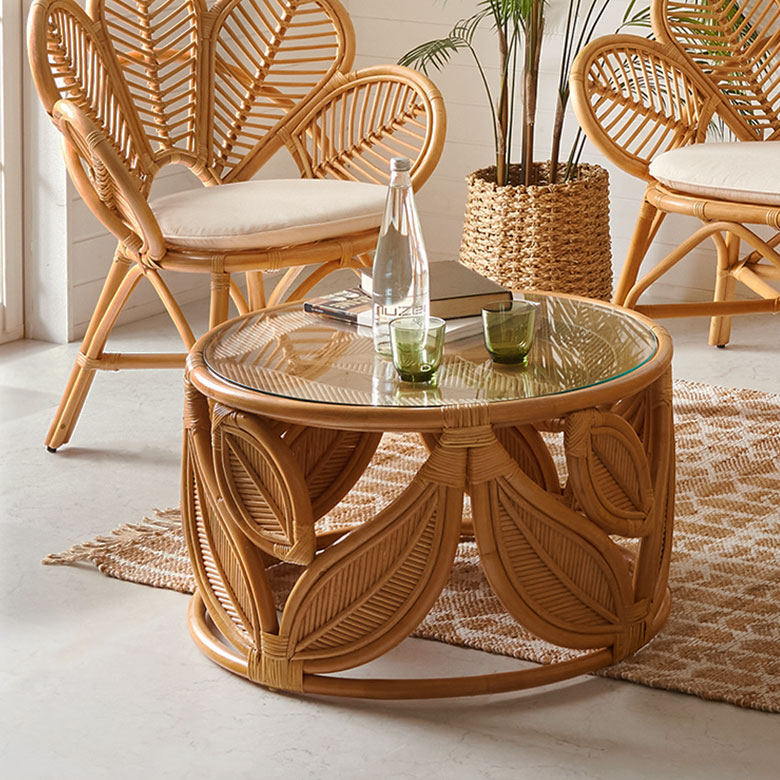 ラタン テーブル ガラス 天板 ローテーブル 丸型 センターテーブル 丸
