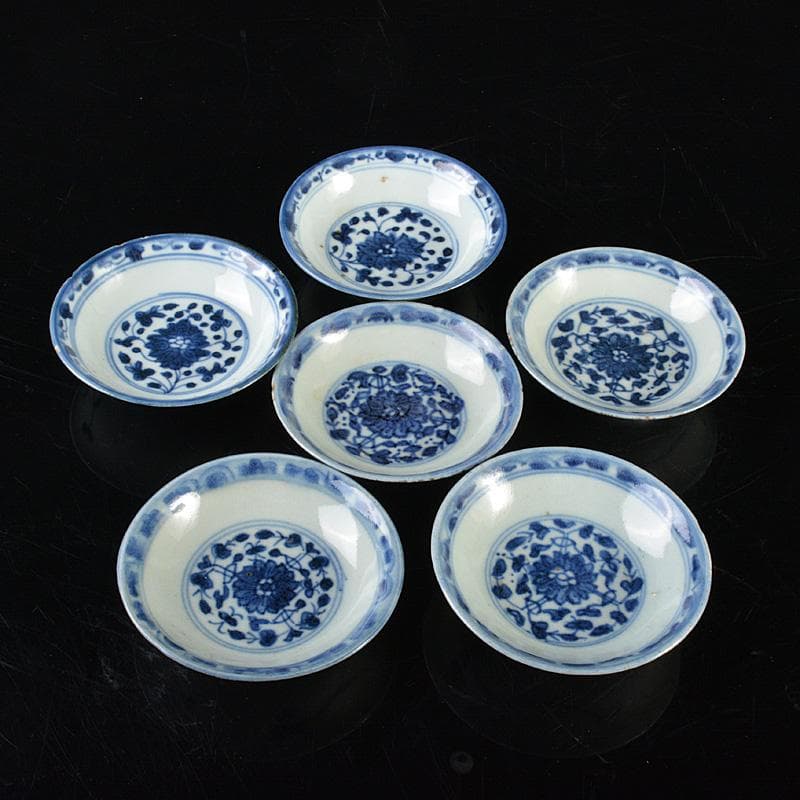 中国　新渡　青花花卉文　銘々皿　小皿　六客　C　R6305 中国 新渡 青花花卉文 銘々皿 小皿 六客 C R6305